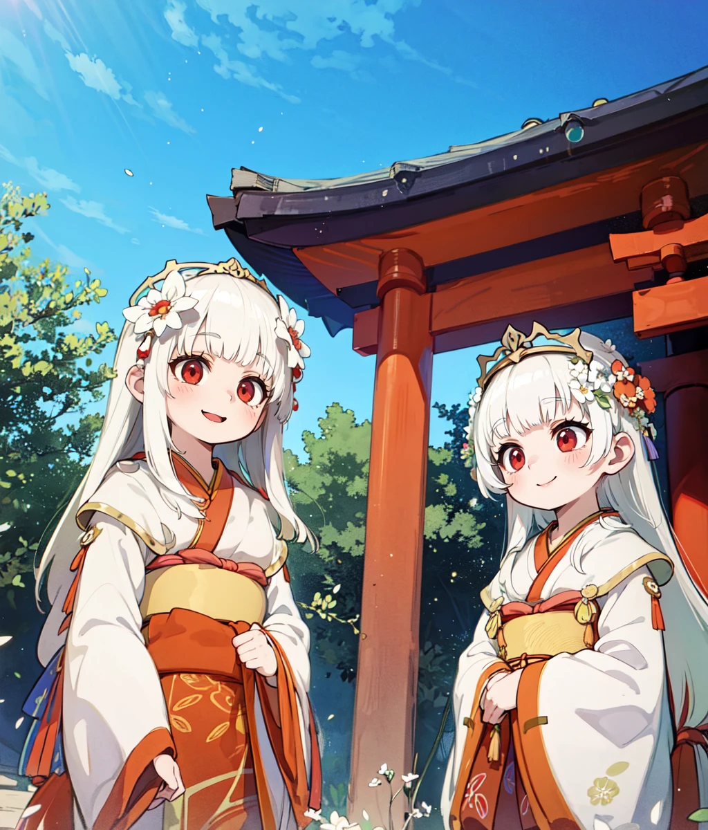 masterpiece, high res, detailed face, detailed eyes, anime screencap, 2girls, small height difference, white hair, long hair, japanese clothes, gold hair ornament, smile, red eyes, japanese shrine, outdoors, cowboy shot <lora:Kikkaguya:1>