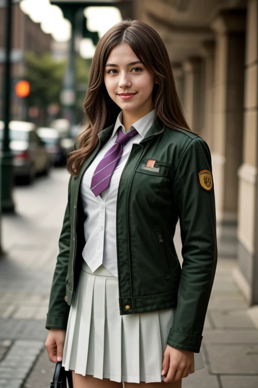 ((Masterpiece, best quality, cinematic lighting, 8k, full body shot, long hair)), (smile:0.85), (realistic background)
<lora:GW_School_Dress_By_Stable_Yogi:1> green jacket, white shirt, pleated skirt, neck tie, school dress