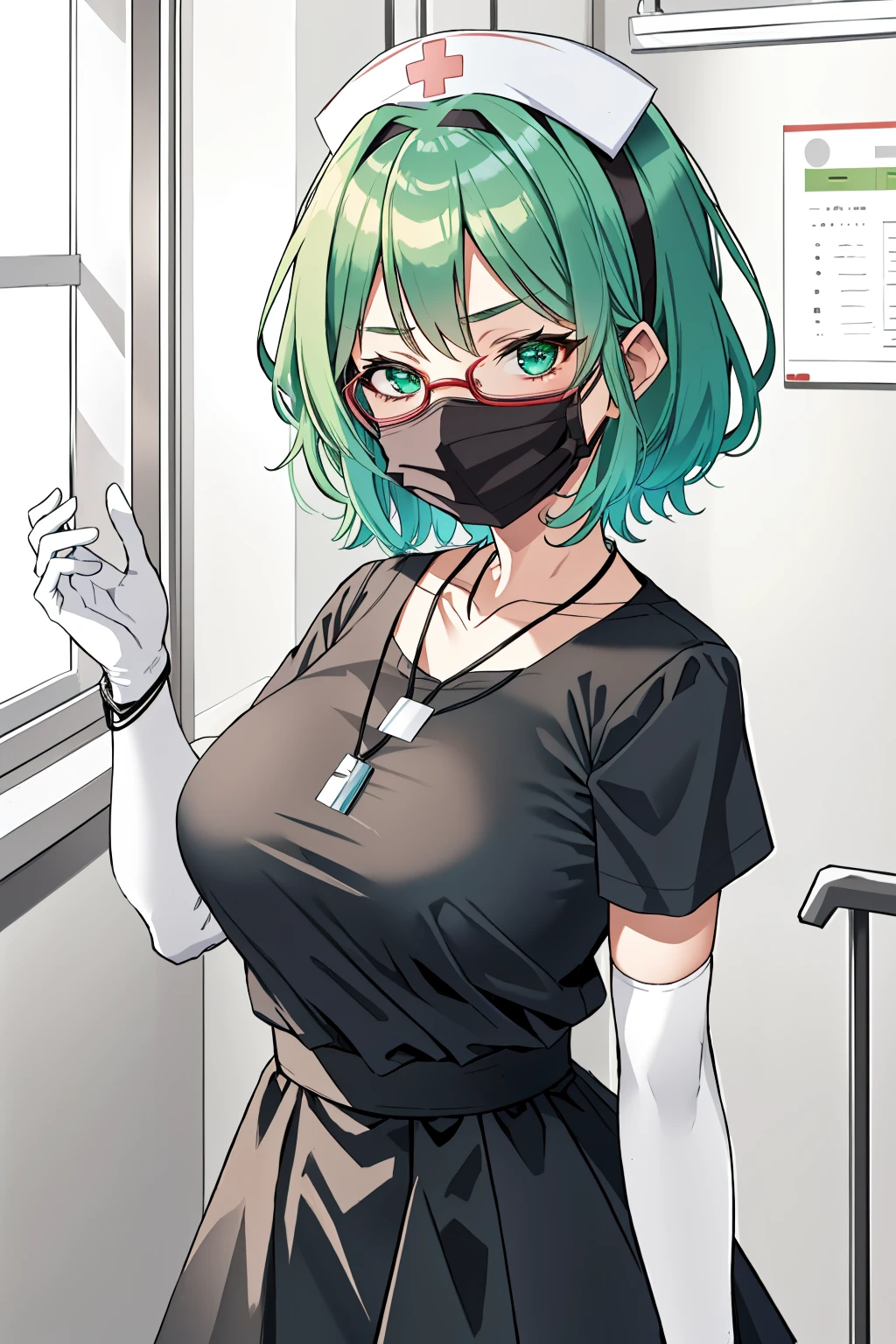 ((masterpiece, best quality, high quality)),1girl, (hospital), <lora:infirmary_v0.1:0.5> infirmary,  <lora:Tomomi Kii:0.7> (1girl, 3dcg 08, aqua hair, bangle, collarbone, glasses, green eyes, hairband, medium breasts, necklace, semi-rimless eyewear, short hair, sidelocks, solo, tomomi kii, under-rim eyewear), <lora:0- CL - Classic nurse V2:0.6> (nurse_uniform_big, mask, nurse cap, mouth mask, nurse, surgical mask, elbow gloves),