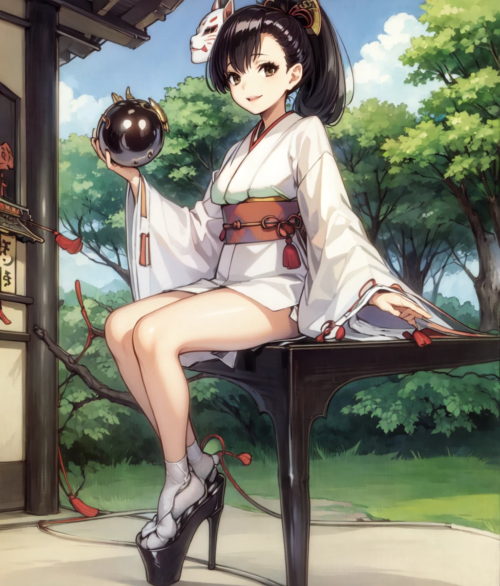masterpiece, high res, detailed face, detailed eyes, anime screencap, 1 girl, slender, smile, ((full mouth, dango)), ((sitting)), japanese clothes, brown hair, ponytail, oni mask, head ornament, high heels, bare legs, obi, standing, outdoors, japanese tea shop <lora:hatsuho:1>