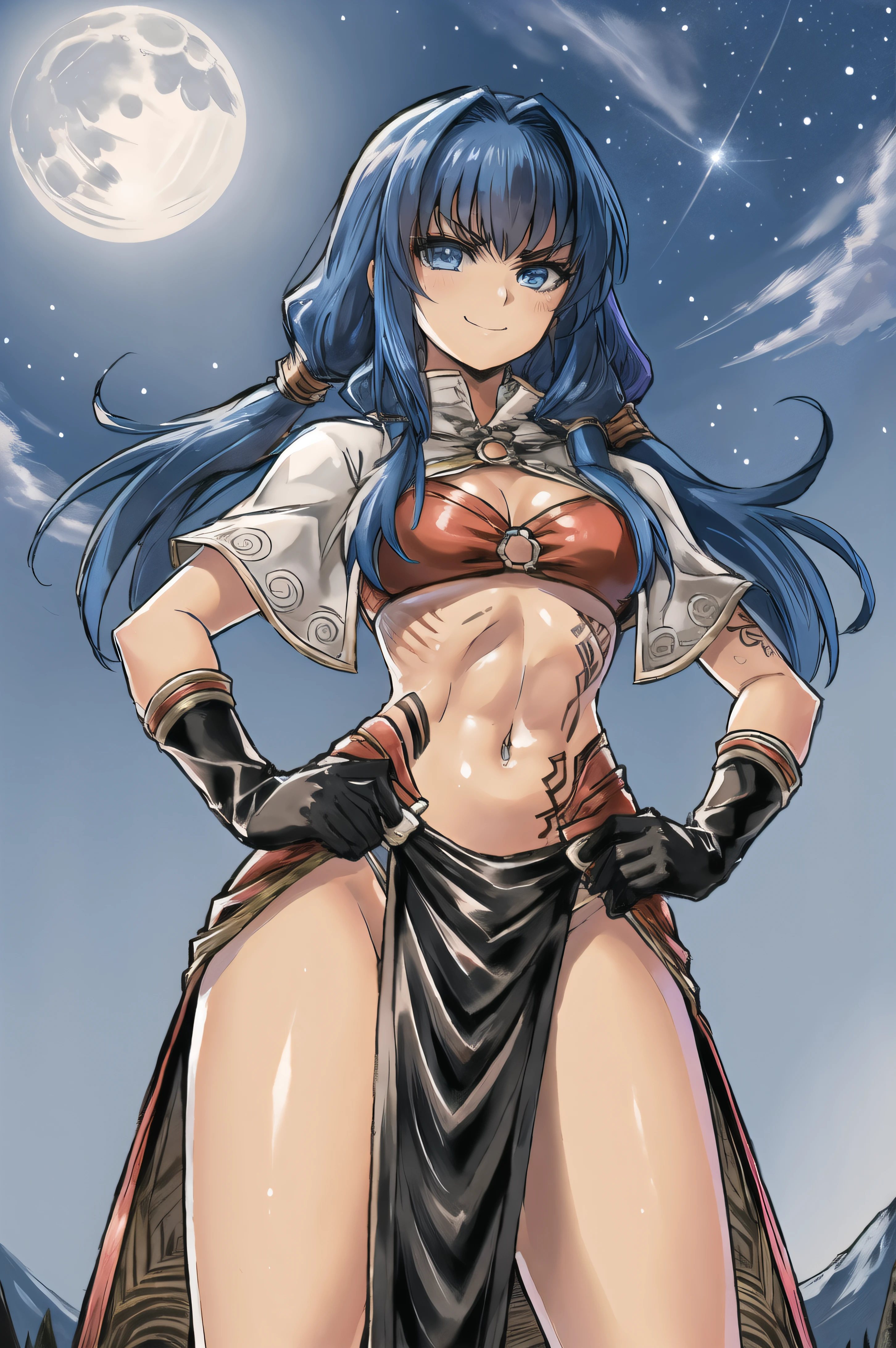 <lora:mageROV1.6-000008:0.85>, mageRo, long pelvic curtain, midriff, knee boots,long loincloth, black gloves, navel, o-ring, capelet,
twintails, blue hair, blue eyes, bangs,
tattoo, public tatoo,
1girl, solo, smile, angry, looking at viewer,
open hand, reaching out, outstretched arm, raised hand,
standing, hands on hip, hands on torso,
((from below)),
cowboy_shot, medium shot,
outdoor, grass, forest, tree, mountain, midnight, moonlight, starry night, full moon,