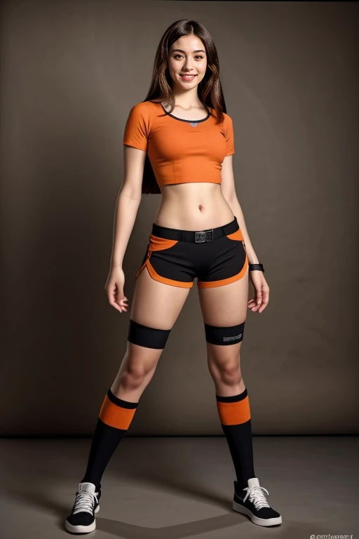 ((Masterpiece, best quality, cinematic lighting, 8k, full body shot, long hair)), (smile:0.85), (realistic background)
<lora:X1_Top_Shorts_By_Stable_Yogi:1> orange top, midriff, black shorts, socks, shoes