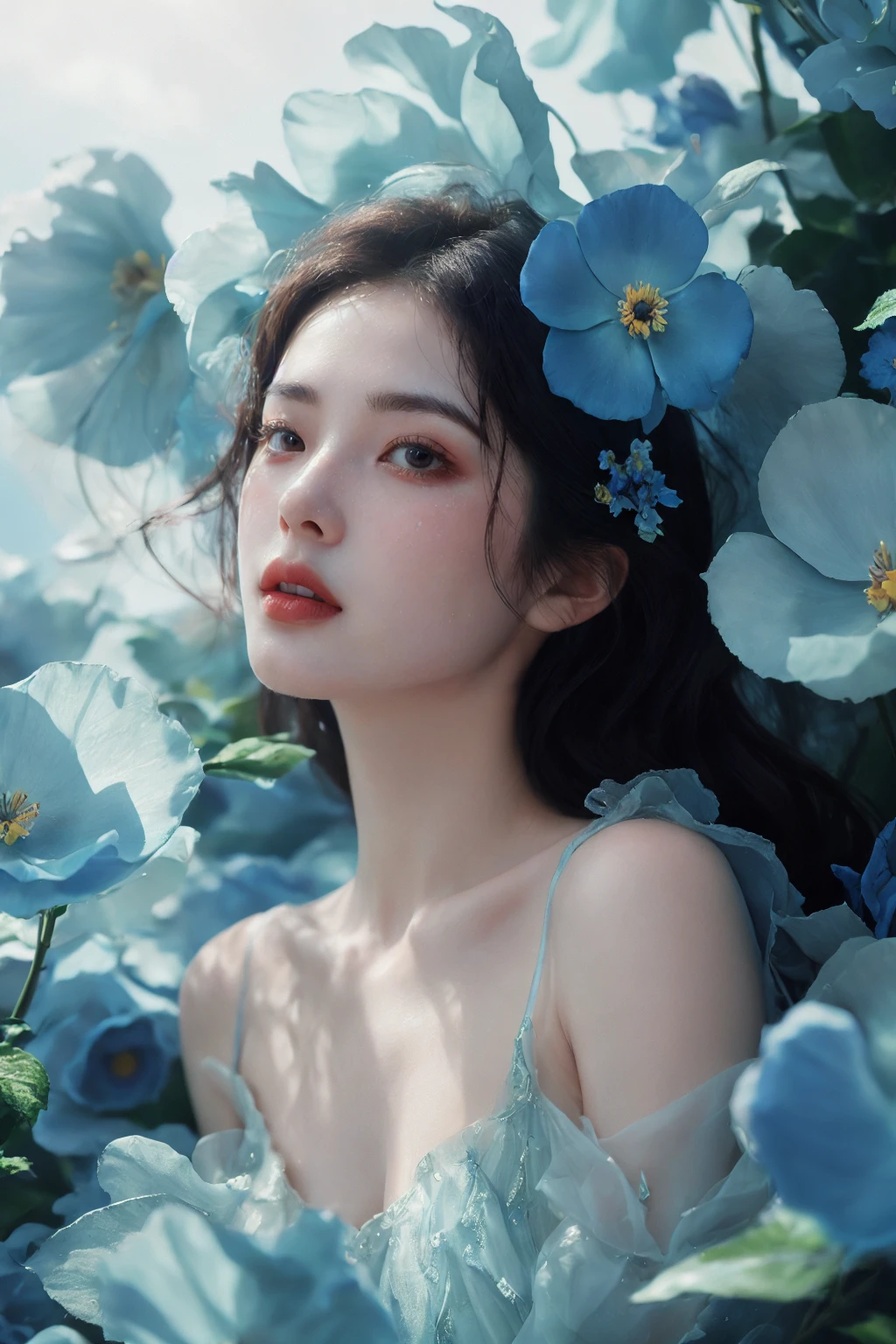 attractive woman,<lora:turquoise flowers-000004:0.7>,blue flowers,crystal clear dew,fresh and elegant,blue atmosphere,natural light,above the clouds,, masterpiece, best quality,