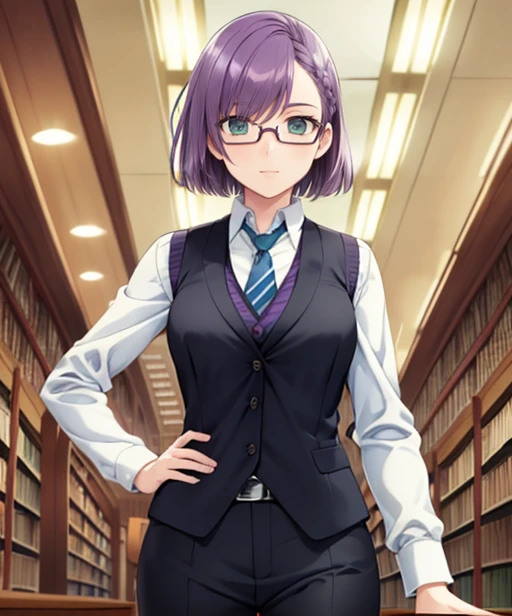 (adult woman), (1girl, solo), (looking at viewer), (vest, tie), (glasses), (purple hair, short hair), (green eyes), ((inside, library)), (window), (best quality, high detail), ((masterpiece)), <lora:1_dpminase_20e:1>