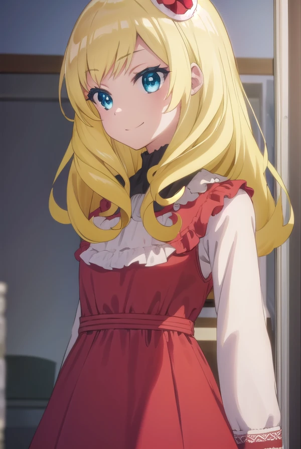 ashleyoono, <lora:ashley oono s1-lora-nochekaiser:1>,
ashley oono, long hair, blue eyes, blonde hair, hair ornament, drill hair, smile,
BREAK dress, pantyhose, red dress, long sleeves, frills,
BREAK indoors,
BREAK looking at viewer, (cowboy shot:1.5),
BREAK <lyco:GoodHands-beta2:1>, (masterpiece:1.2), best quality, high resolution, unity 8k wallpaper, (illustration:0.8), (beautiful detailed eyes:1.6), extremely detailed face, perfect lighting, extremely detailed CG, (perfect hands, perfect anatomy),