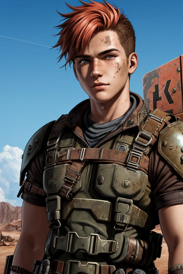 epic professional upper body headshot official art fallout young 20yo male raider, detailed face, smooth features, dyed hair, post-apocalypse, rust, detailed eyes, intricate details