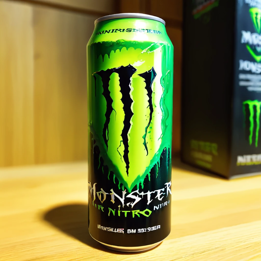 green monsternitro,one monsternitro can,<lora:MonsterNitro-000001:0.8>,detailed words,detailed,,3 black lines on it, <lora:xl_more_art-full_v1:0.8>,