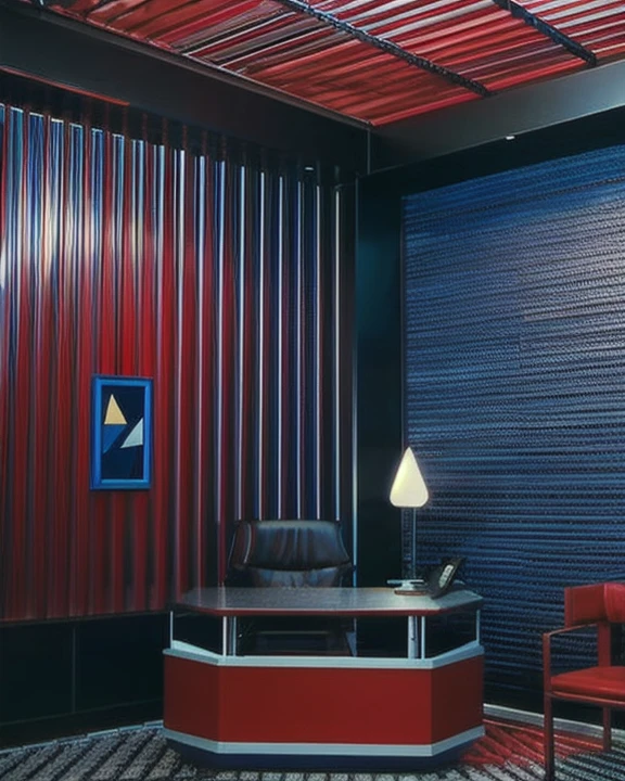 t0talr3call, a dark office with dramatic blue and red lighting and an abstract art print on the wall, lighted grated ceiling and a black leather chair, film screencap, 35mm, Eastman 100T 5247, Eastman 400T 5295, Arriflex 35 BL4, Zeiss Super Speed Lens, <lora:totalrecallstyle_lora:0.8>