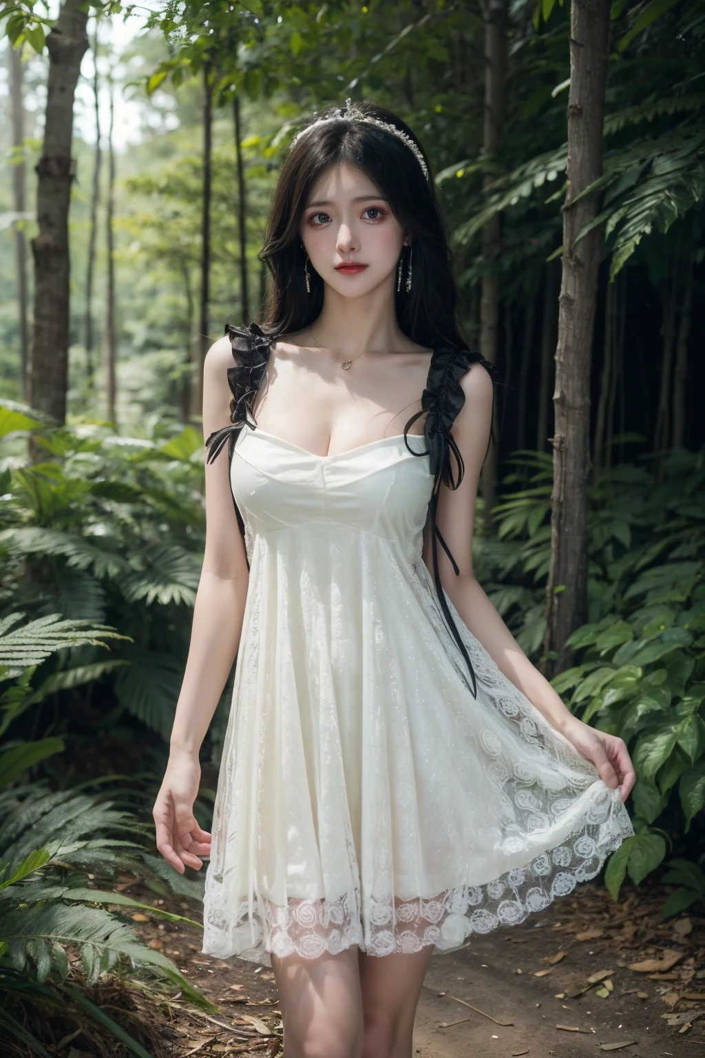 best quality,HDR,UHD,8K,Vivid Colors,solo,photo_,(1girl:1.3),(standing:1.3),(looking at viewer:1.4),Elegant,detailed gorgeous face,forest background,river,(cowboy shot:1.2),
<lora:add_detail:0.7>,<lora:rc87:0.75>,rc,dress,aiguillette,