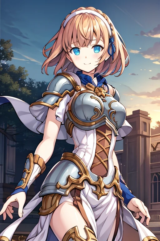 tdj xiliya-2,1girl, solo, smile, blush, short hair, hair band, armor