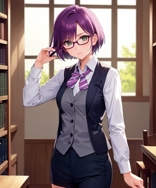 (adult woman), (1girl, solo), (looking at viewer), (vest, tie), (glasses), (purple hair, short hair), (green eyes), ((inside, library)), (window), (best quality, high detail), ((masterpiece)), <lora:1_fumio_13e:1>