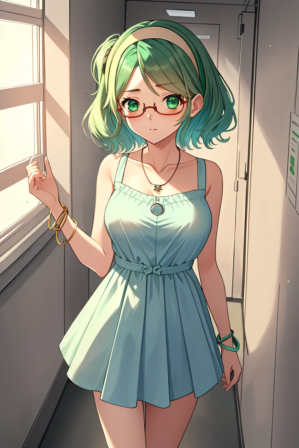 (masterpiece, best quality), 1girl, <lora:Tomomi Kii:1> 1girl, 3dcg 08, solo, tomomi kii, aqua hair, bangle, collarbone, glasses, green eyes, hairband, medium breasts, necklace, semi-rimless eyewear, short hair, sidelocks, under-rim eyewear