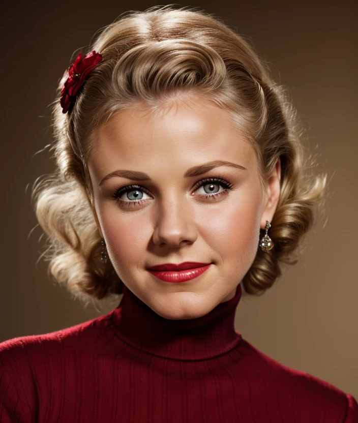 <g1ng3r0>, Ultra-HD-details, natural background, smile, detailed eyes, 50s dress, cotton hair, 40s makeup, 50s style, Necklace, jewelry, ((Turtleneck red)), intricate