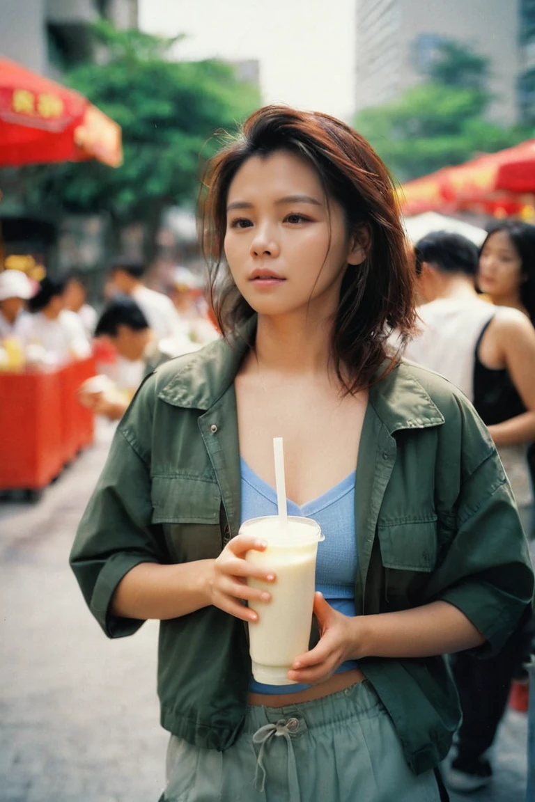 analog film photo of (masterpiece,best quality,ultra high res:1.1),(photo-realistic:1.1),side_light,bokeh,beautiful face,exquisite face,
looking at viewer,(simple background:1.1),1girl,18yo,(sweat and pure:1.2),from The Knot the movie,breasts apart,
<lora:Vivian_Hsu_XL_0_:1>,vivian_hsu,a hot summer day,enjoy this wet orgasm,(Utility_jacket:1.4),(Cargo_pants:1.3),(Combat_boots:1.2),ningxia road night market in taipei,(take a cup of milk tea:1.5),(drink milk tea:1.3),, faded film, desaturated, 35mm photo, grainy, vignette, vintage, Kodachrome, Lomography, stained, highly detailed, found footage