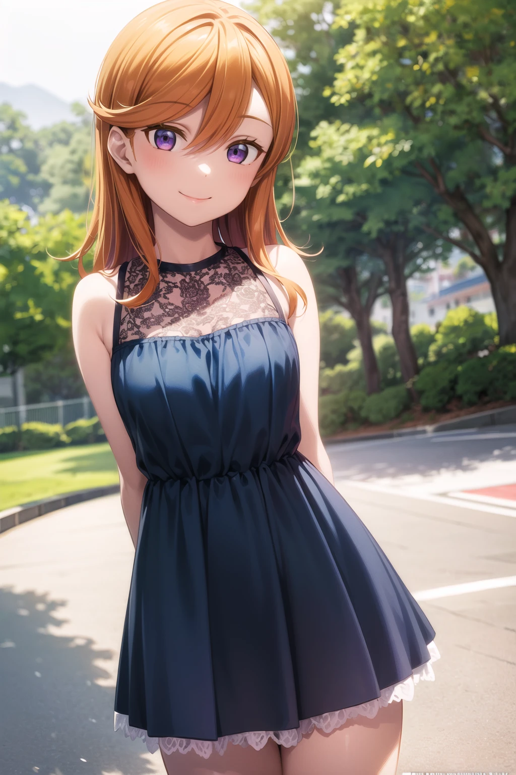 (masterpiece, best quality, ultra-detailed), (illustration), (beautiful detailed eyes), (1girl),
<lora:more_details:0.25> <lora:GoodHands-beta2:1>,
 <lora:KanonLorav2.1:0.6> shibuya kanon, orange hair,  small breasts, 
blue dress, outdoors, cowboy shot, smile, arms behind back,