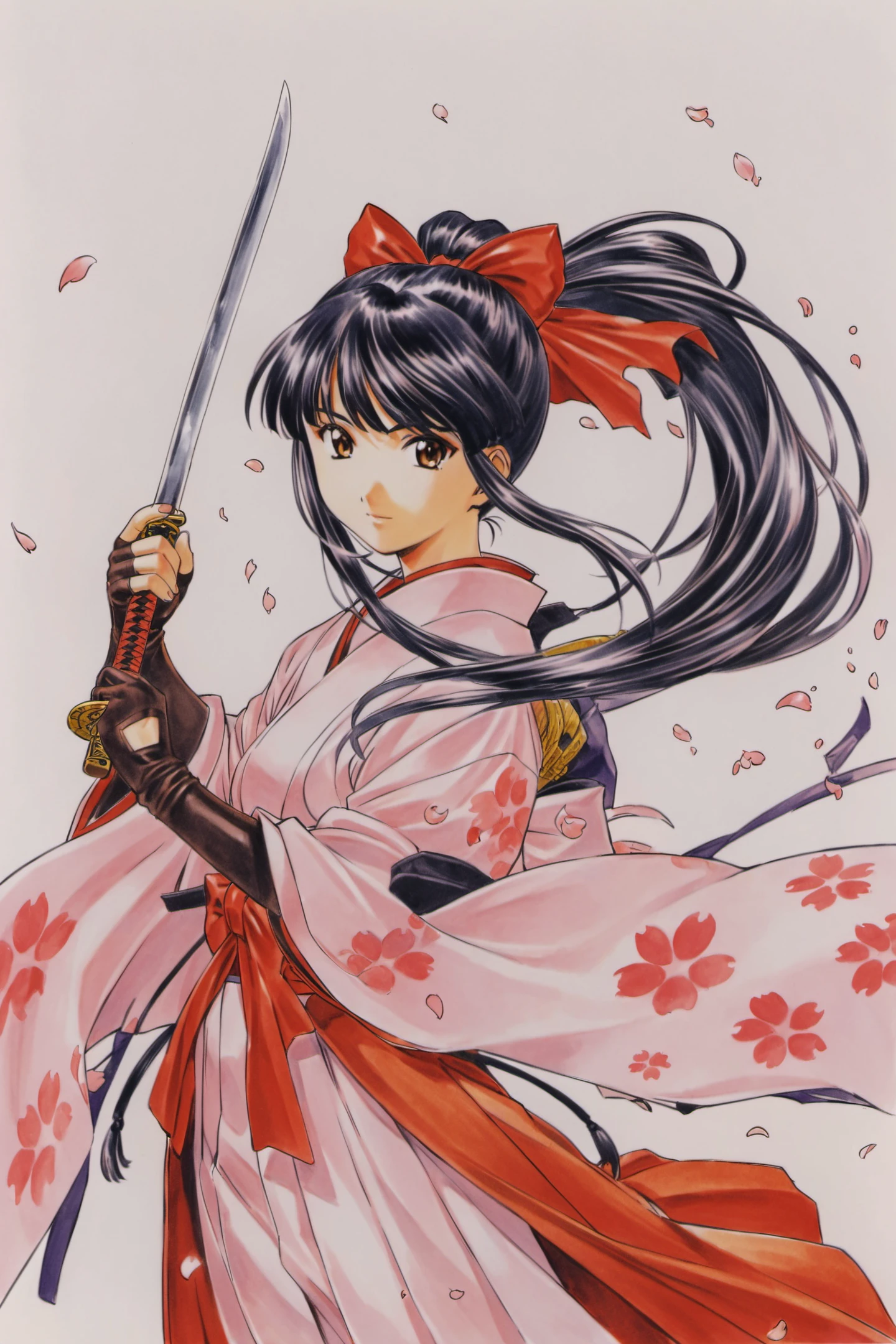 Shinguji Sakura, 1girl, weapon, solo, sword, japanese clothes, bow, black hair, red bow, long hair, brown eyes, gloves, petals, fingerless gloves, cherry blossoms, katana, hair bow, ponytail, kimono, hakama, hakama skirt, traditional media, <lora:Kosuke Fujishima_XL:0.8>