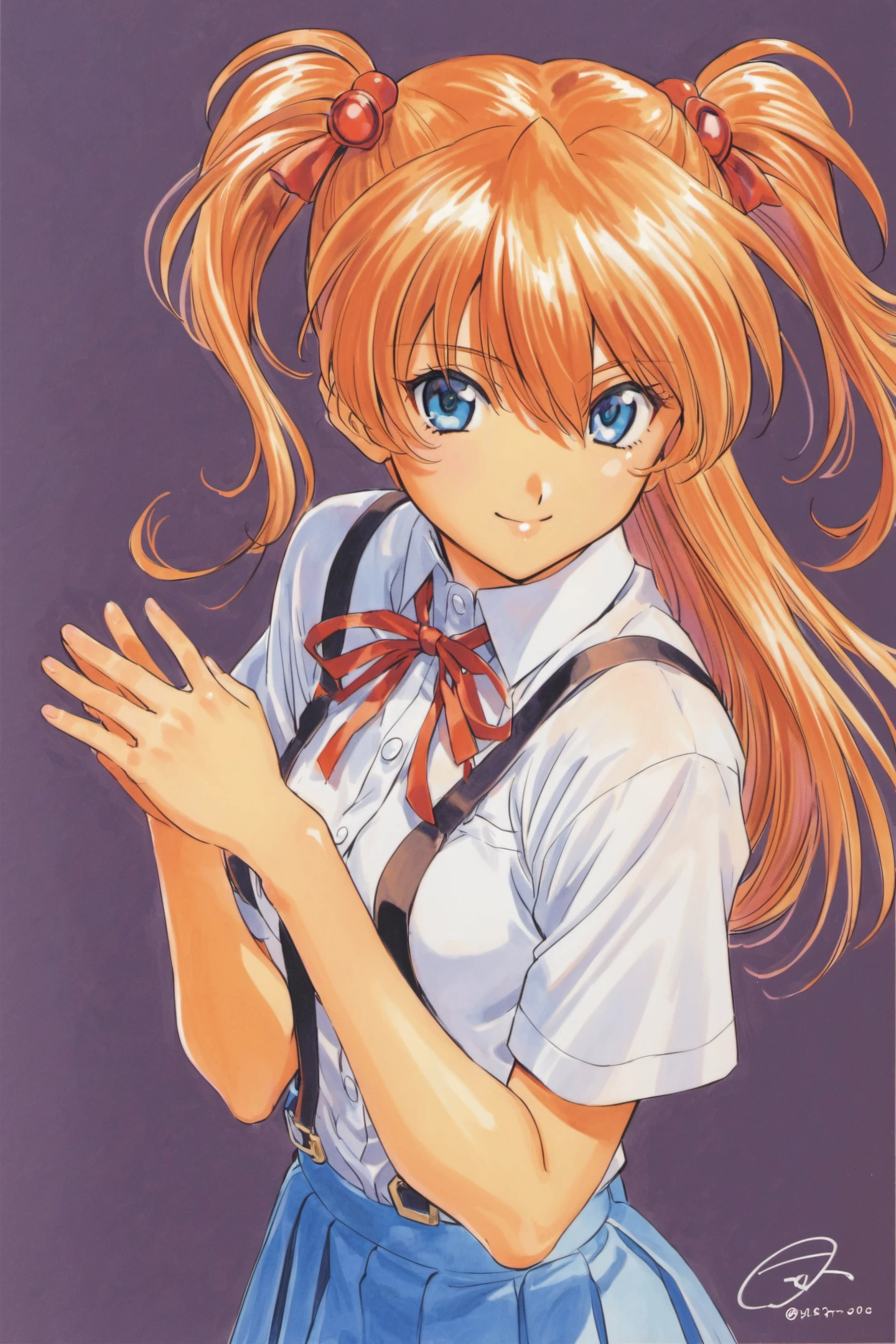1girl, souryuu asuka langley, solo, long hair, school uniform, blue eyes, smile, white background, ribbon, shirt, simple background, own hands together, orange hair, short sleeves, skirt, red ribbon, neck ribbon, white shirt, bangs, hair between eyes, looking at viewer, tokyo-3 middle school uniform, signature, closed mouth, two side up, hair ornament, suspender skirt, interface headset, suspenders, traditional media, cowboy shot, interlocked fingers, blue skirt, <lora:Kosuke Fujishima_XL:0.8>