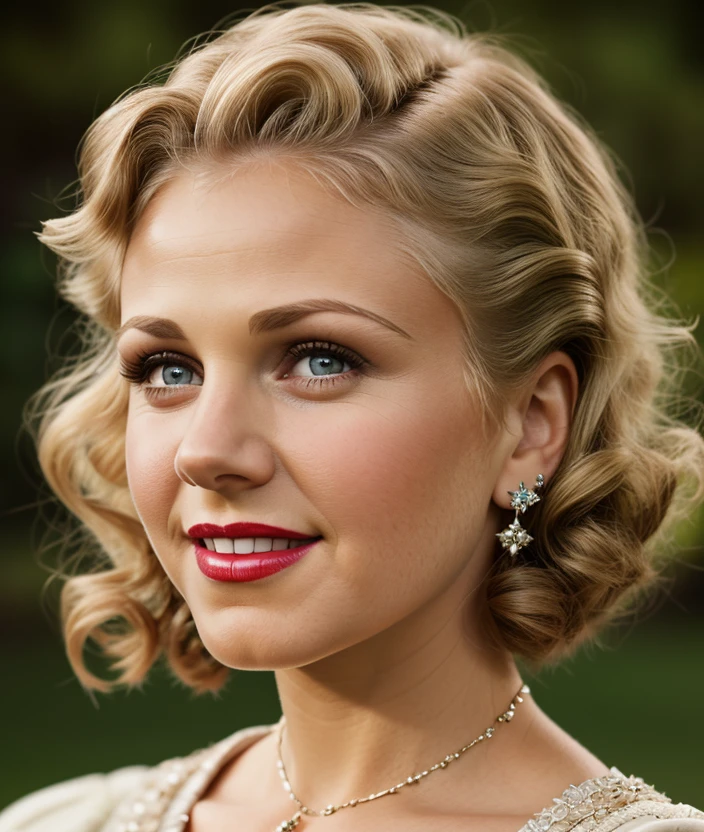 <g1ng3r0>, Ultra-HD-details, natura natural background, smile, detailed eyes, 50s dress, cotton hair, 40s makeup, 50s style, jewelry, intricate