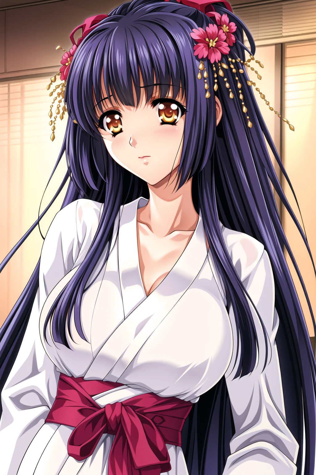 8K　Historical drama style　Beautiful slender Japanese  princess with long black hair　Gorgeous embroidery, Ultra glossy, She is wearing a shiny Heian period princess kimono.　She exposes her nipples and squeezes out breast milk on the futon