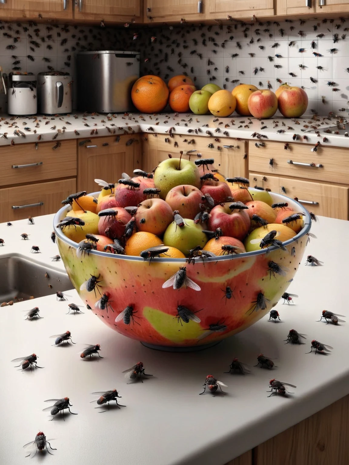 ais-flyz in a bowl of fruit, on a kitchen counter <lora:Flies_Style_SDXL:1>
