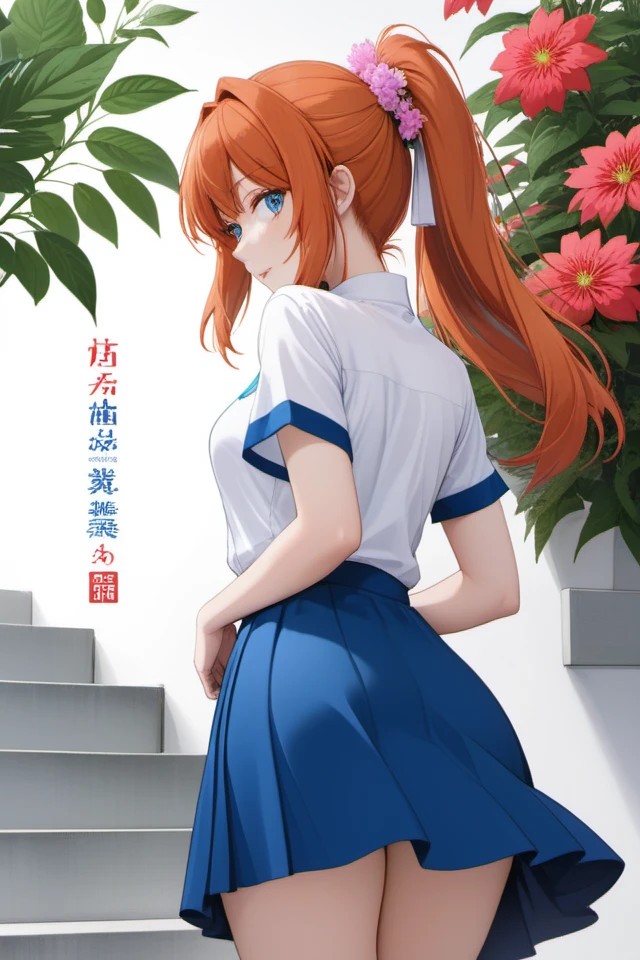 Poster,Poster,a chinese wedding invitation with flowers and a vase,simple background,white background,flower,no humans,leaf,plant,red flower,pink flower,text focus,still life,poster,1girl,solo,souryuu asuka langley,from behind,orange hair,long hair,tsurime,blue eyes,long eyelashes,thick eyelashes,closed mouth,(white shirt:1.2),short sleeves,skirt,blue skirt,blue dress,outdoors,stairs,standing,ass,