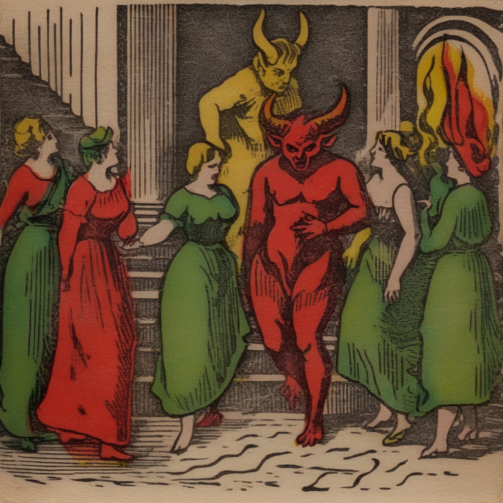 devil whisper to woman wearing wizard cloth, oil painting