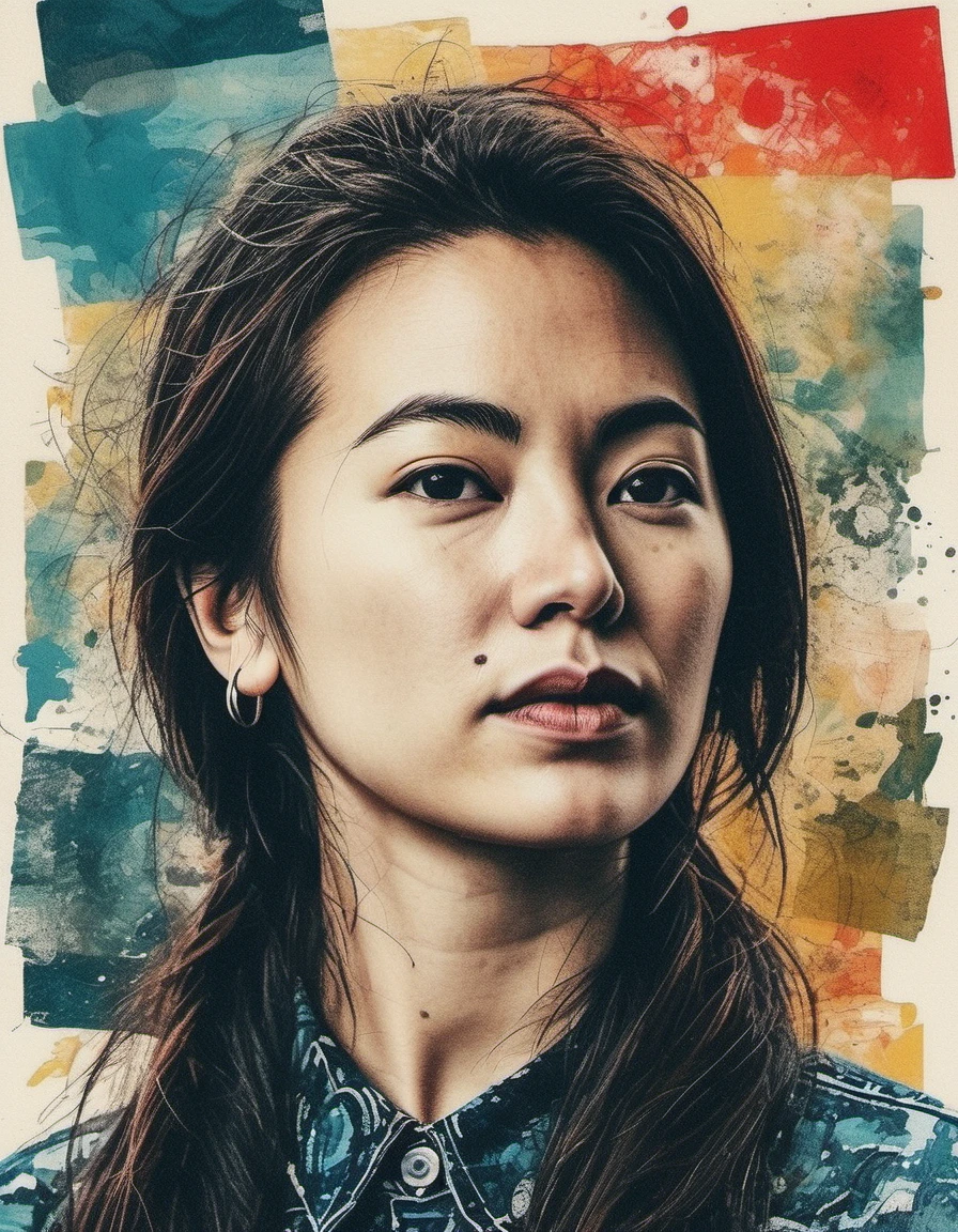 <lora:Jessica Henwick v2>,  collage style illustration of jsschnwckcw woman, slight smile, mixed media, layered, textural, detailed, artistic