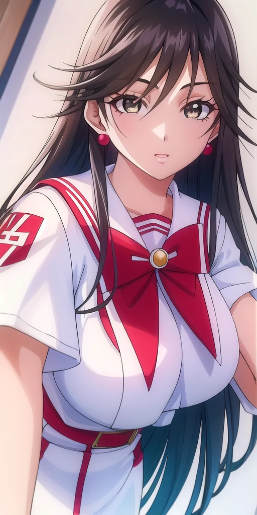 <lora:AkiraFerrariV5:0.7> akira_ferrari, huge_breasts, standing, solo, Summer_Himeya_company_uniform_White_long_dress_White_crop_top_Red_bowtie_Short_sleeves_Side_slit, masterpiece, best quality, detailed face, detailed eyes, highres,