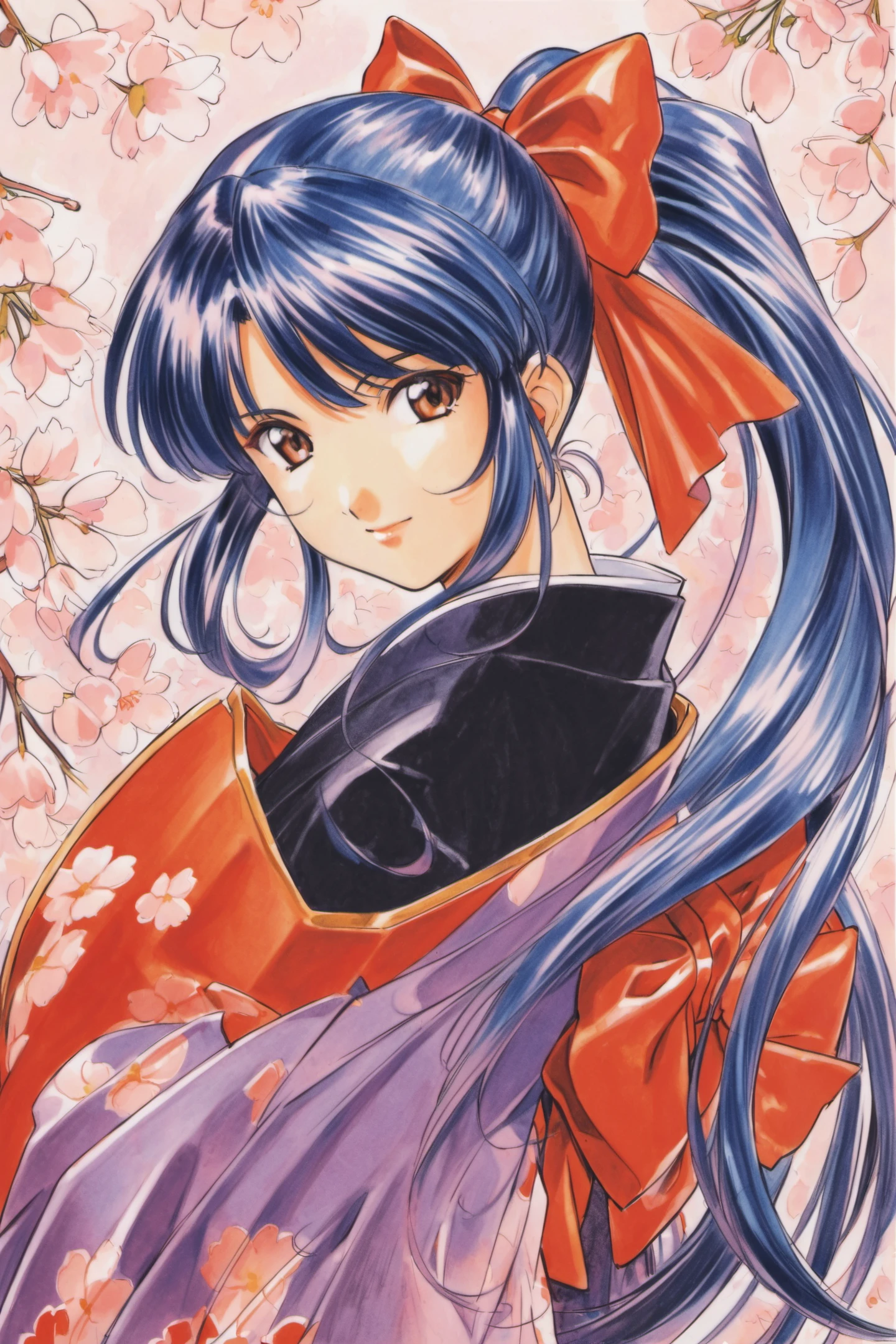 1girl, solo, bow,long hair, red bow, japanese clothes, ponytail, hair bow, brown eyes, black hair, blue hair, cherry blossoms, traditional media, <lora:Kosuke Fujishima_XL:0.8>