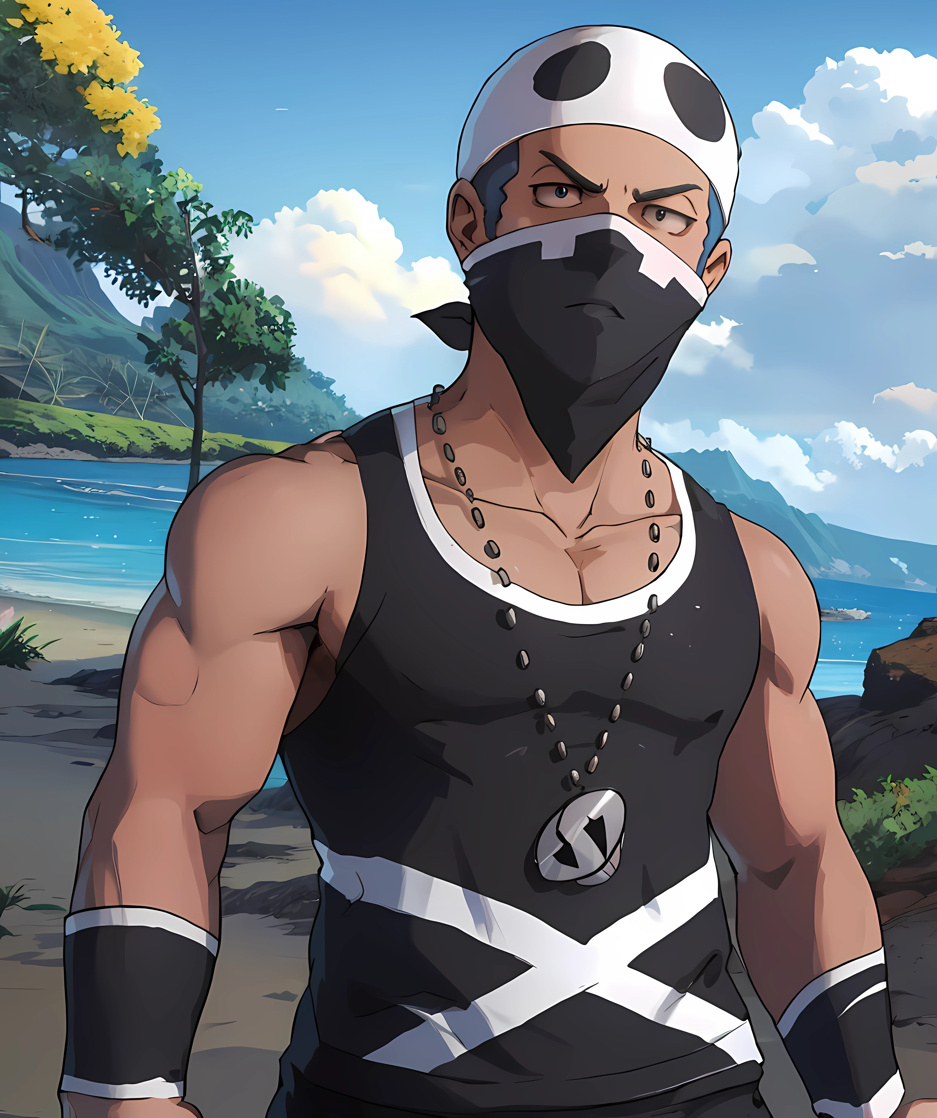 team_skull_grunt_male, looking at viewers, muscular, mask, hawaiian scenery, necklace, tank top, standing <lora:Team_Skull_Grunt_Male:0.85>