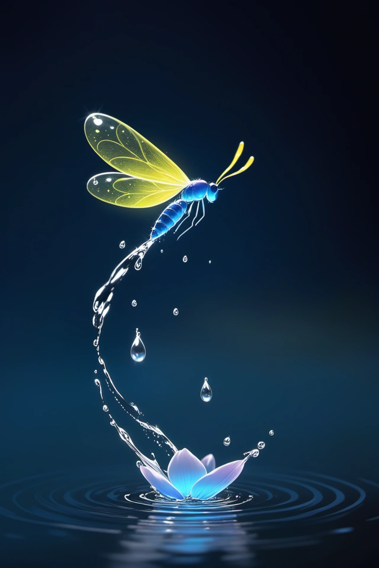 high quality, highly detailed, 8K Ultra HD, ral-elctryzt water made skinny elegant firefly made of water drops, In this enchanting artwork, the very essence of water drops transforms into ral-elctryzt firefly, each droplet gracefully adorning the wings of a firefly in flight, The translucence of the water captures the delicate beauty of the ral-elctryzt firefly, as if nature has granted fleeting wings to the liquid essence, The intricate patterns formed by these electric water made fireflies evoke a sense of enchantment, their ephemeral forms suspended in time, The play of light on their wings adds a touch of magic, turning ordinary droplets into a symphony of ral-elctryzt firefly, dancing in the realm where water meets whimsical flight, by yukisakura, awesome full color,