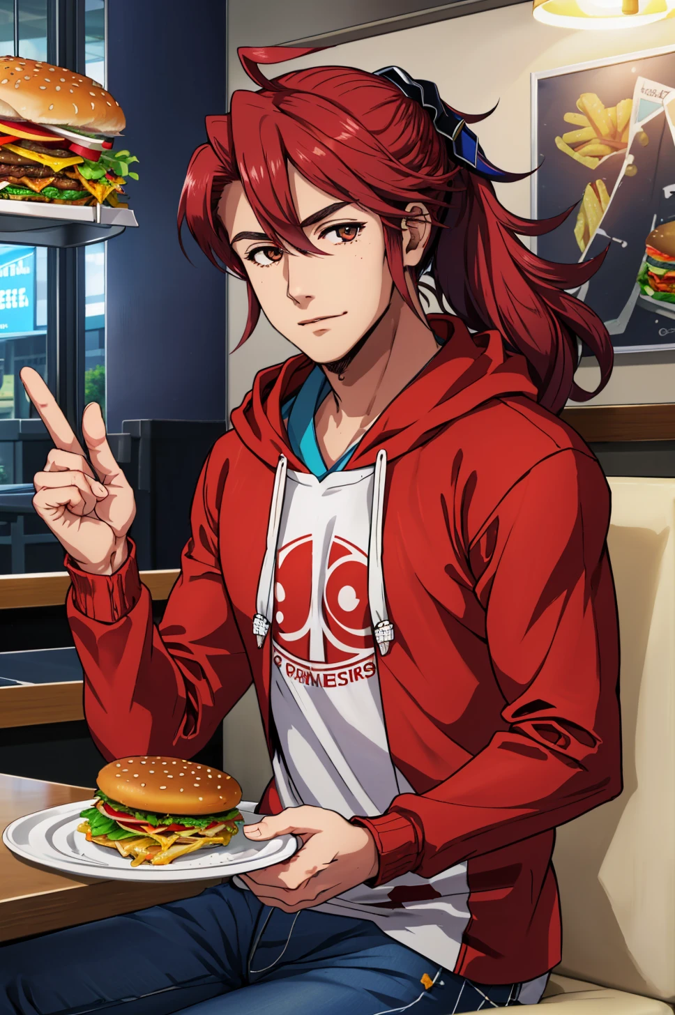 masterpiece, restaurant, diner, male focus, sitting, red t shirt, black hoodie, open clothes, jeans, looking at viewer, hamburger, french fries, <lora:SubakiFE:0.8> subakiFE, ponytail