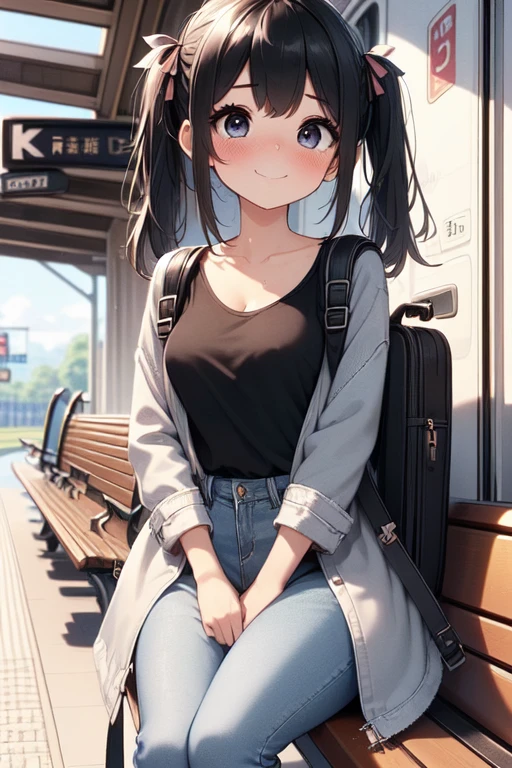 (((masterpiece))), (((best quality))), ((train platform)), ((guitar case backpack)), light black T-shirt, ((denim long coat)), navigation sign, 1girl, sitting on bench, smile, ribbon, black longhair, collarbone, cleavage, ((big tits)), sweat, shy. blush, ((petite figure)), <lora:girllikeplatform:1>