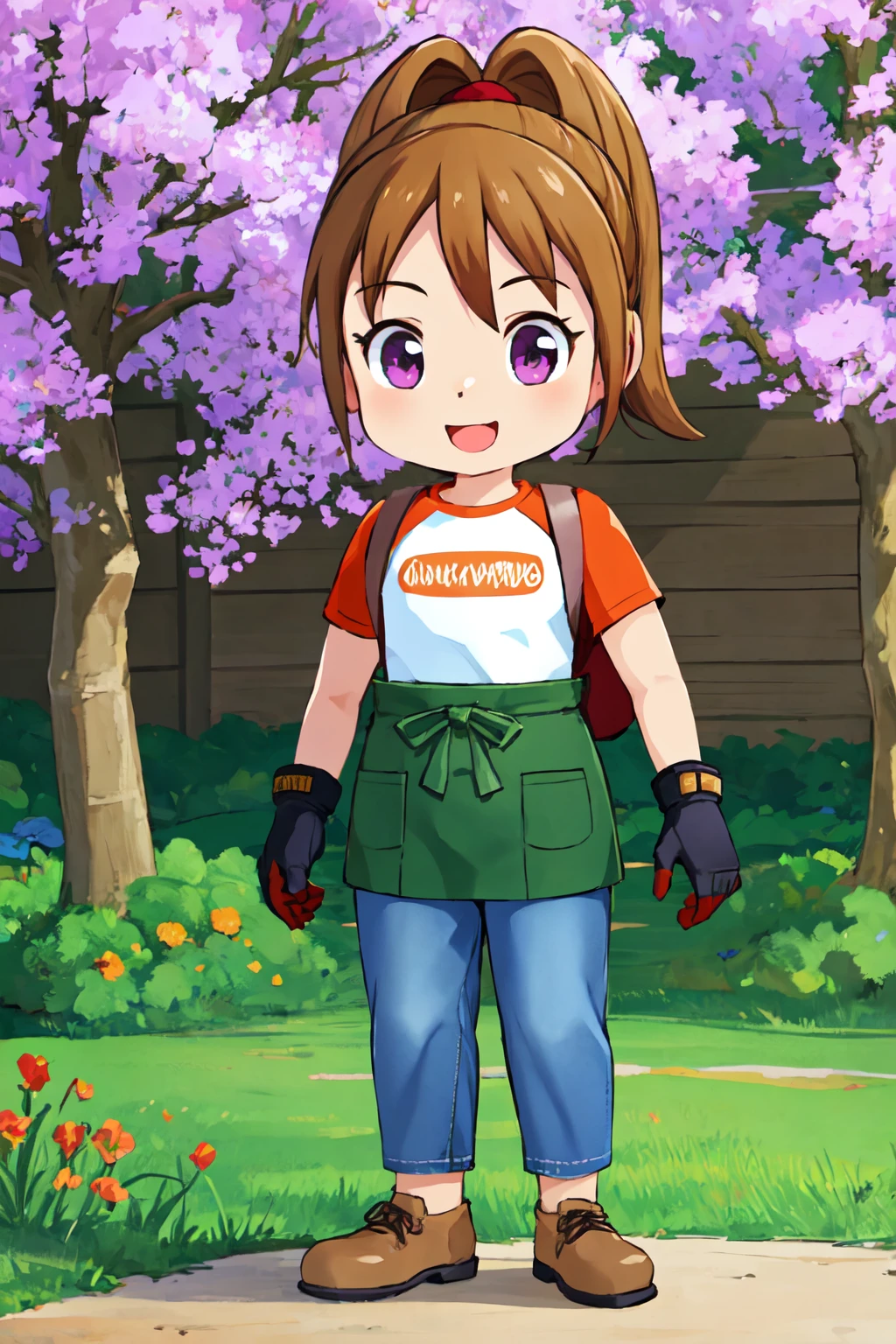 portrait, sharp focus, soft lighting, illustration, depth of field, outdoors, grass, plants, pony1, 1girl, solo, looking at viewer, smile, open mouth, brown hair, shirt, gloves, standing, purple eyes, full body, ponytail, short sleeves, :d, brown shoes, gloves, pants, bag, green apron, high ponytail, denim, jeans, blue pants, raglan sleeves <lora:artist-gomennasai:0.35> <lora:pony1-000003:0.75>