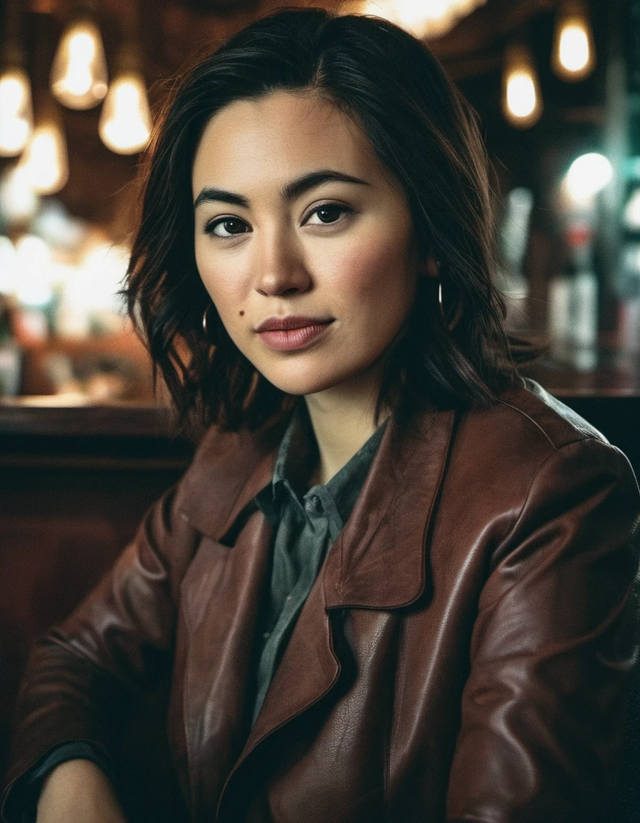 detailed portrait of a young and beautiful jsschnwckcw woman seated in a speakeasy, shot with cinematic camera , <lora:Jessica Henwick v2:1>