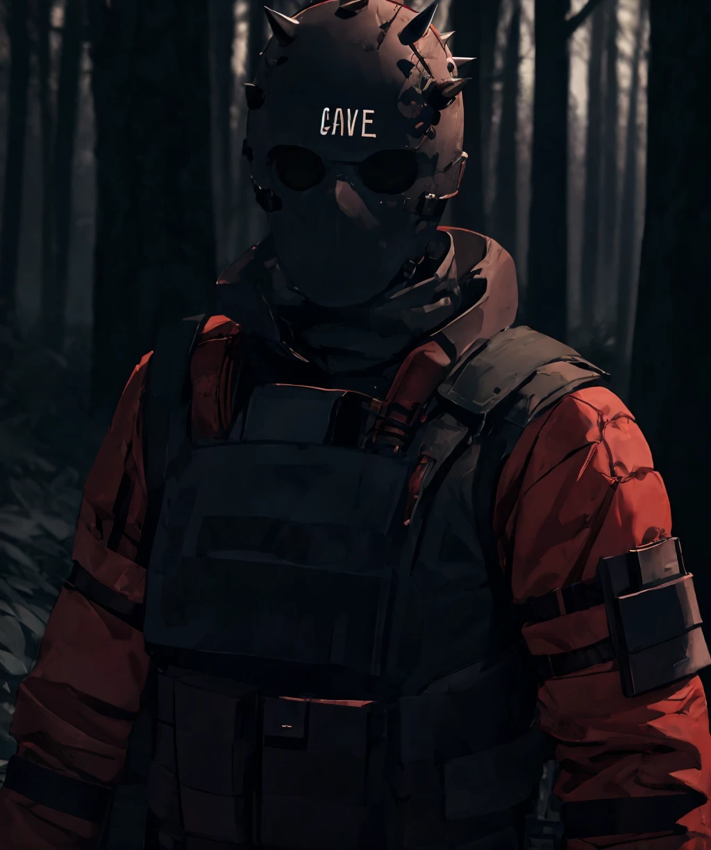 red theme, dark theme, masterpiece, best quality, detailed, spe, blurry, 1boy, male focus, ((spike)), skull, no eyes, gloves, long sleeves, armor, bulletproof vest, covered face, looking at viewer, outdoors, forest, <lora:special_forces-04:0.8>, <lora:LowRA:0.8>
