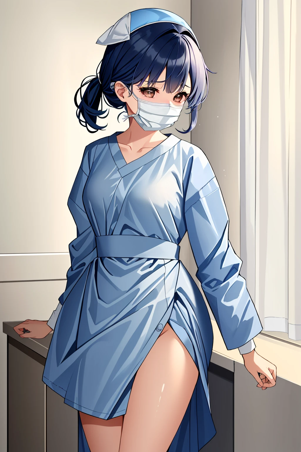 ((masterpiece, best quality, high quality)),1girl, (hospital), <lora:infirmary_v0.1:0.5> infirmary, dress <lora:Aya Kawasaki:0.7> (1girl, 3dcg 02, aya kawasaki), <lora:0- CL - Surgical uniform:0.9> (surgical_uniform, mask, long sleeves, surgical mask,long dress, latex gloves,surgical cap),