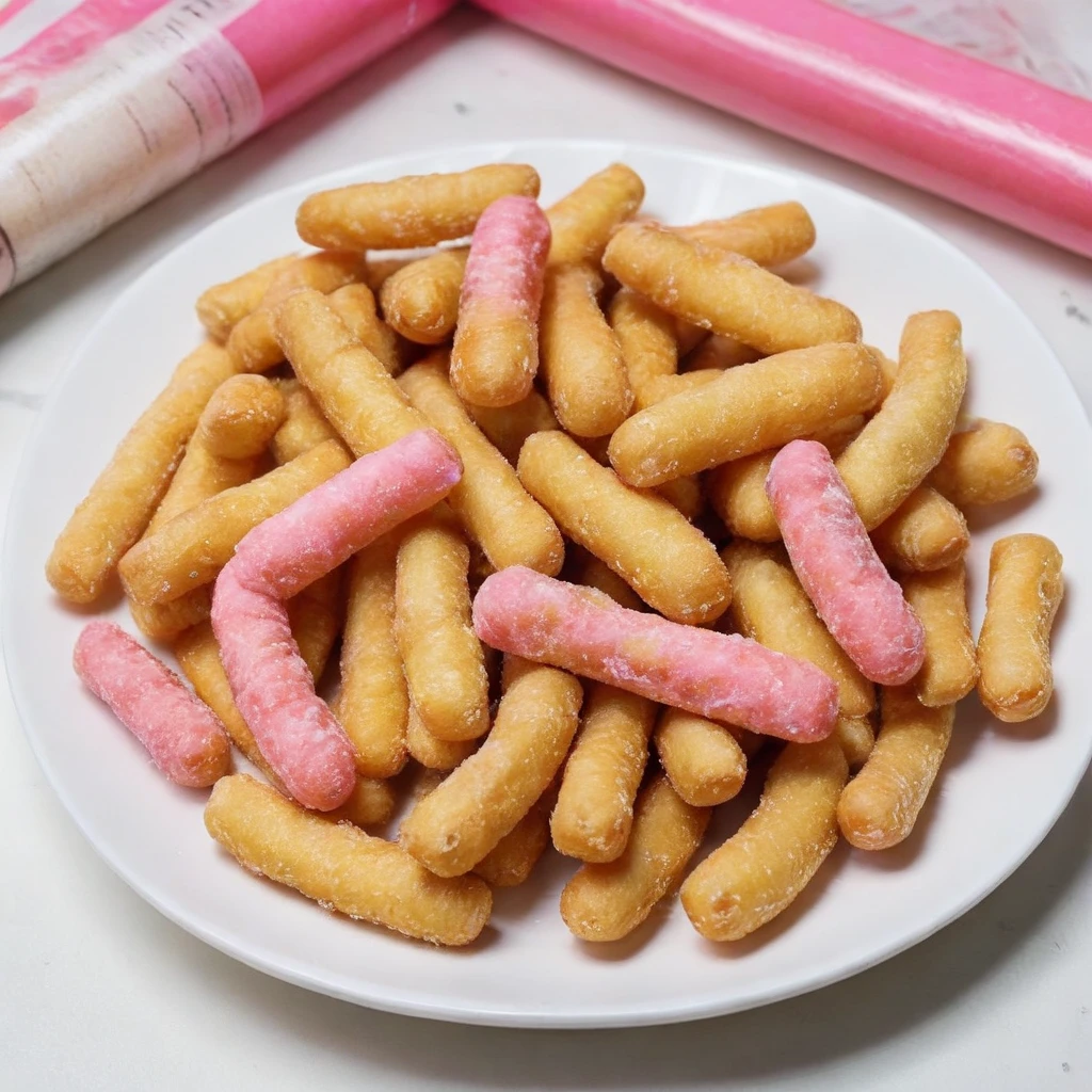 <lora:tsuza:0.7>, Realistic style, freshly fried French fries generously sprinkled with sugar crystals, capturing the contrast between the savory golden fries and the sparkling sweetness of the sugar, all set against a crisp, clean background that accentuates the textures and colors,pink