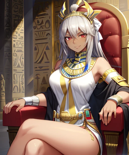 (adult woman), (1girl, solo), sitting on a throne, crossed legs, ((egyptian, pharaoh, dark skin)), (mischievous smirk, seductive smile), (silver hair), (red eyes), ((eqyptian temple)), ((best quality, high detail)), ((masterpiece)), <lora:1_dpminase_20e:1>