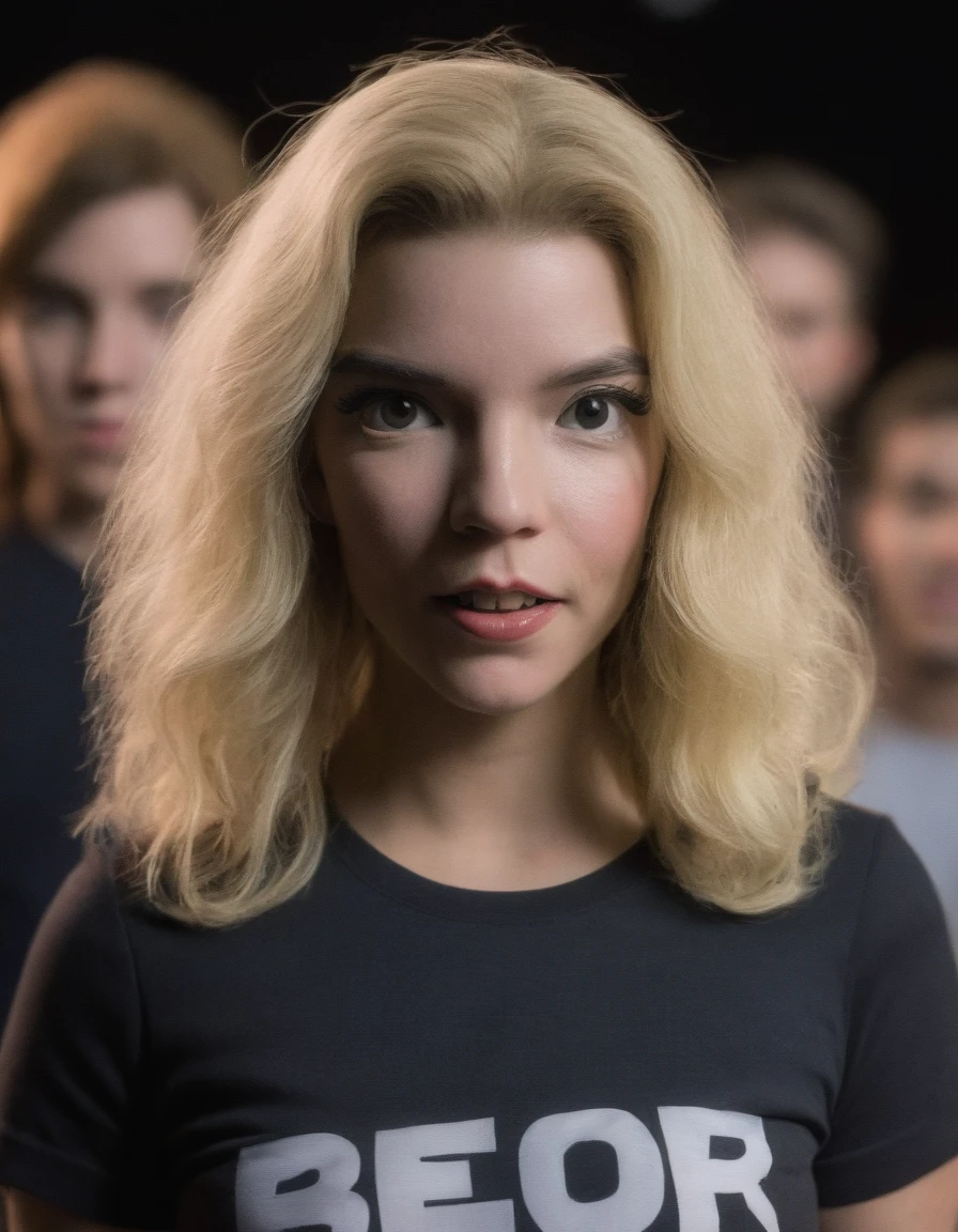 closeup portrait picture of atjx woman, (wearing a Band T-shirt:1.2),(Attending:1.2),(a Concert, crowd, stage lights:1.2) , eye makeup, smoky eyeshadow, blonde hair
<lora:AnyaTaylorJoyDoguXLstart@1.24:1.35> <lora:sdxl_offset_example_v10:0.4>