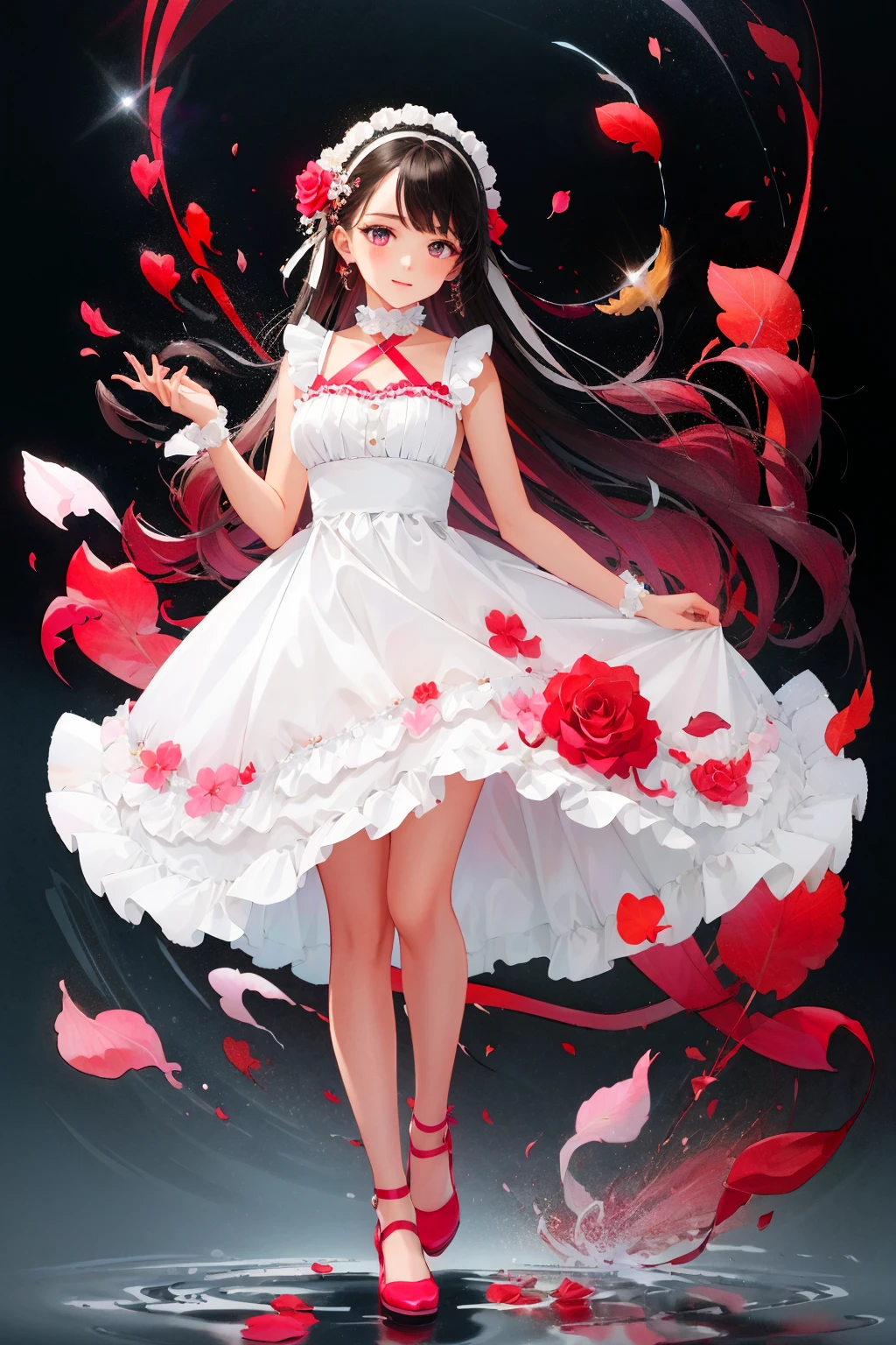 (masterpiece, high quality, 8k), 1girl,floral dress, rose, red flower, pink rose ,petals, rose petals, yellow flower,  full body, <lora:rose:1.5>