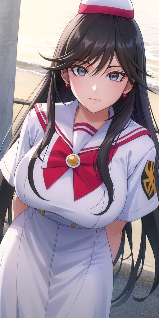<lora:AkiraFerrariV5:0.7> akira_ferrari, huge_breasts, standing, solo, Summer_Himeya_company_uniform_White_long_dress_White_crop_top_Red_bowtie_Short_sleeves_Side_slit, White_beret_Himeya_company_uniform, masterpiece, best quality, detailed face, detailed eyes, highres,