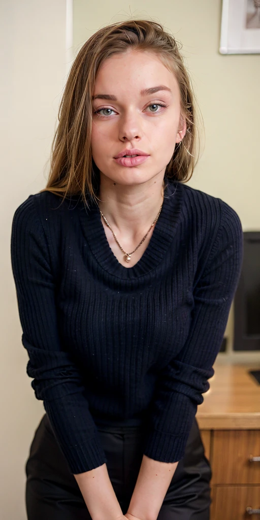 a photo of MilenaD, 20 years old, business interview, businesses attire , sweater, smart, <lora:Milana:0.8>, <lora:th3p1t_b:0.1>