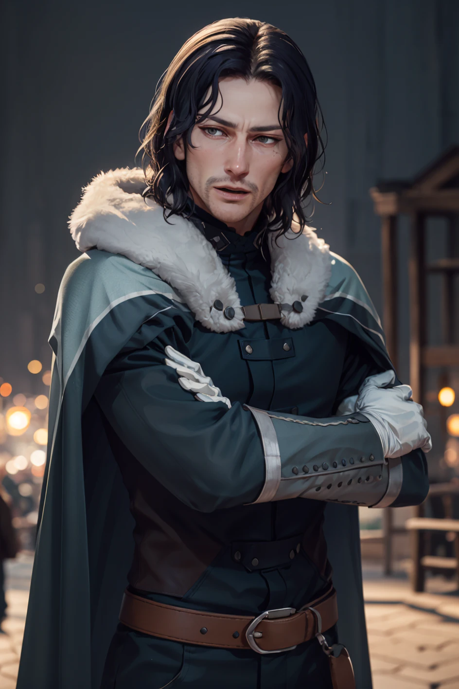 realism, highest quality, bokeh, 1boy, mature male, cowboy shot, looking at viewer, closed mouth, sad, <lora:RodrigueFE3H-bsinky-v1:0.8> rodrigueFE, white gloves, cape, fur trim, goatee, belt, (fighting stance:1.1)