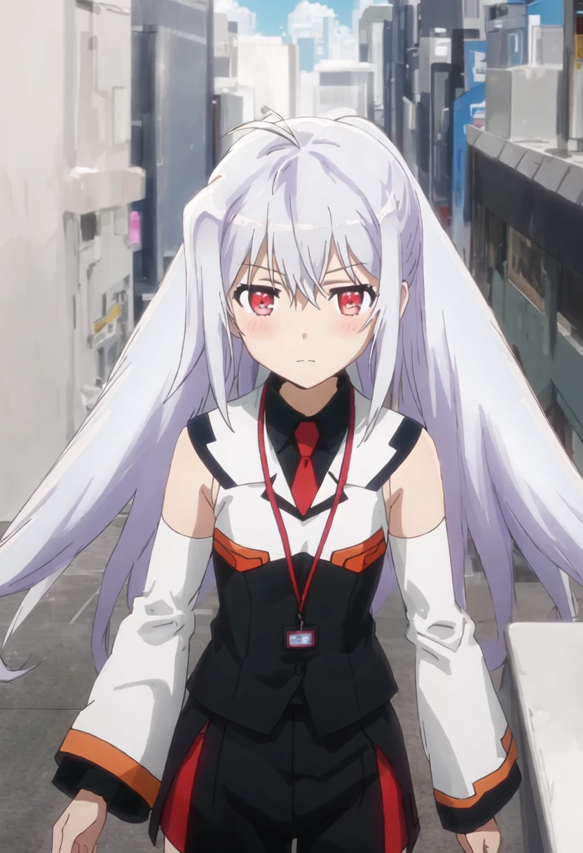 best quality, masterpiece, highres, solo, {isla_plasticmemories:0.90}, 1girl, detached_sleeves, employee_uniform, blush, necktie, parody, looking_at_viewer