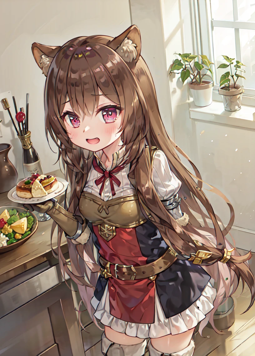 medieval tabern, from from above, standing, holding food, pov
<lora:shieldhero_raphtalia-10:0.8> raphtalia, tail, long sleeves, gloves, thigh boots, belt, brown hair
<lora:yukinominato_style_v3:.8>