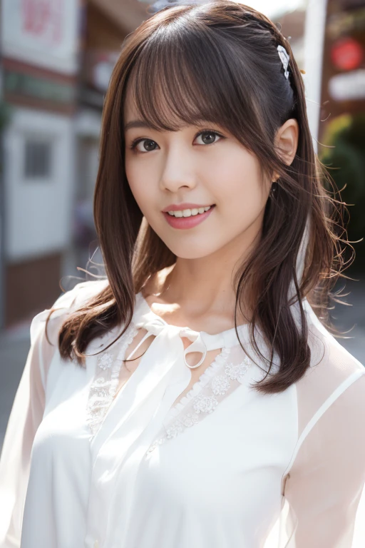 1girl, (white sheer blouse:1.6),(RAW photo, best quality), (realistic, photo-realistic:1.8), masterpiece, an extremely delicate and beautiful, extremely detailed, 2k wallpaper, Amazing, finely detail, extremely detailed CG unity 8k wallpaper, ultra-detailed, highres, soft light, beautiful detailed girl, extremely detailed eyes and face, beautiful detailed nose, beautiful detailed eyes,cinematic lighting,(in the city:2.0),perfect anatomy,(slender body:1.6),(close up face:2.0),(laugh,friendly, warm:1.8),(looking at viewer:2.0),(young japanese idol:1.8),(wavy brown sholder length hair:1.8), (brown eyes:1.8), (cleavage:1.4), <lora:hiokanatsumi_lora-10:0.8>