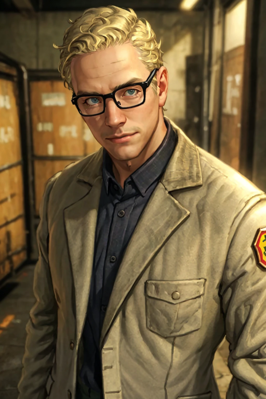 1boy,  solo,  Arcade Gannon,  Fallout: New Vegas,  doctor,  scientist,  35 years old,  tall,  blonde hair,  short hair,  green eyes,  wore glasses,  handsome,  grey collared shirt,  white lab coat,  military pants,  black combat boots,  perfect anatomy,  perfect proportions,  8k,  HD,  HQ,  (best quality:1.2,  masterpiece,  madly detailed photo),  detailed,  perfect face,  perfect eye pupil,  detailed eyes,  high_resolution,  perfecteyes,  (upper body in frame,  portrait),  (dutch angle),<lora:EMS-282021-EMS:0.500000>,<lora:EMS-498-EMS:0.200000>