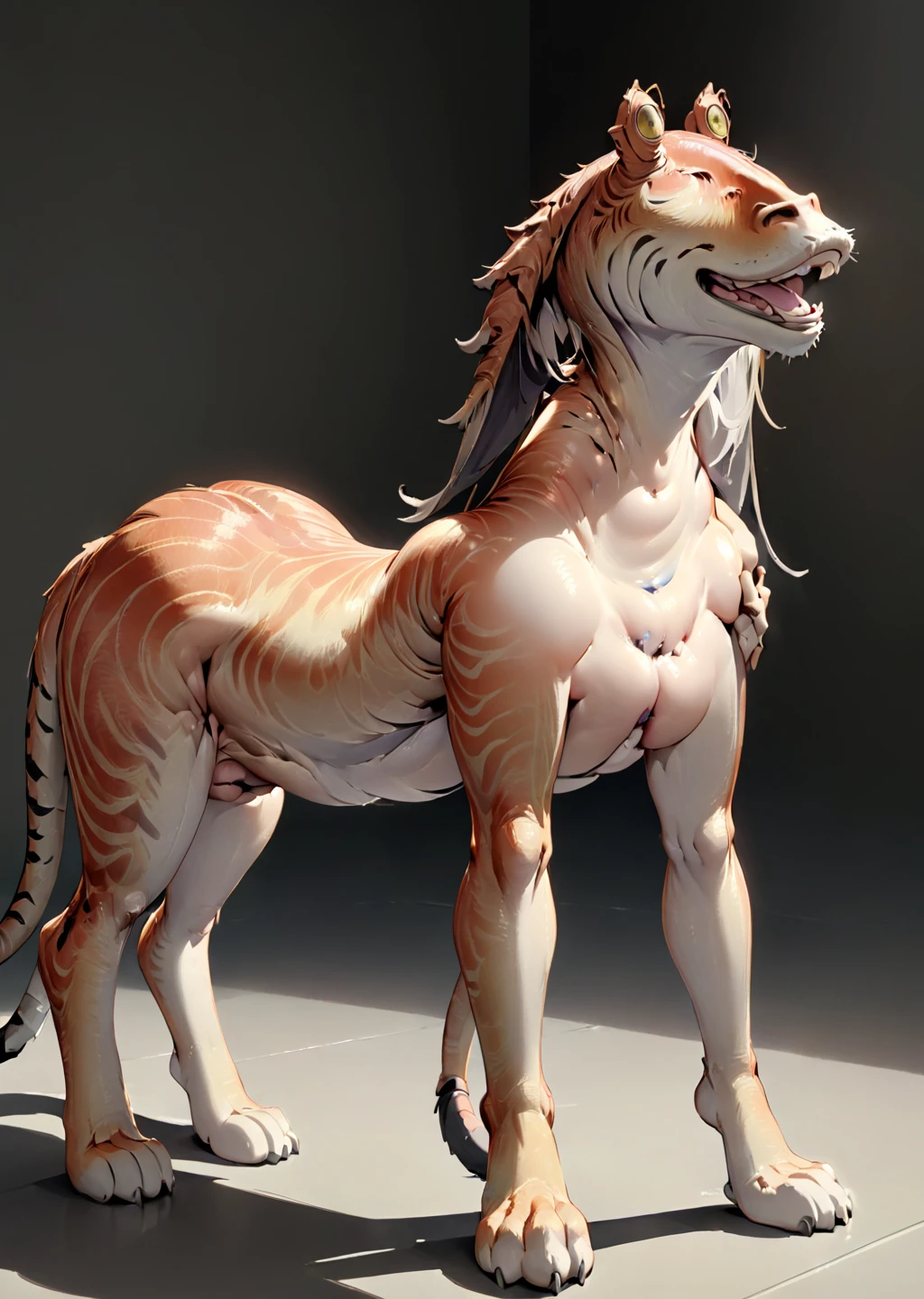 masterpiece, best quality, jjbinx:1.5  <lora:JarJarXL2-000026:1.5>, tiger:1.3, soft light, covering ass, passionate, simple, on all fours,