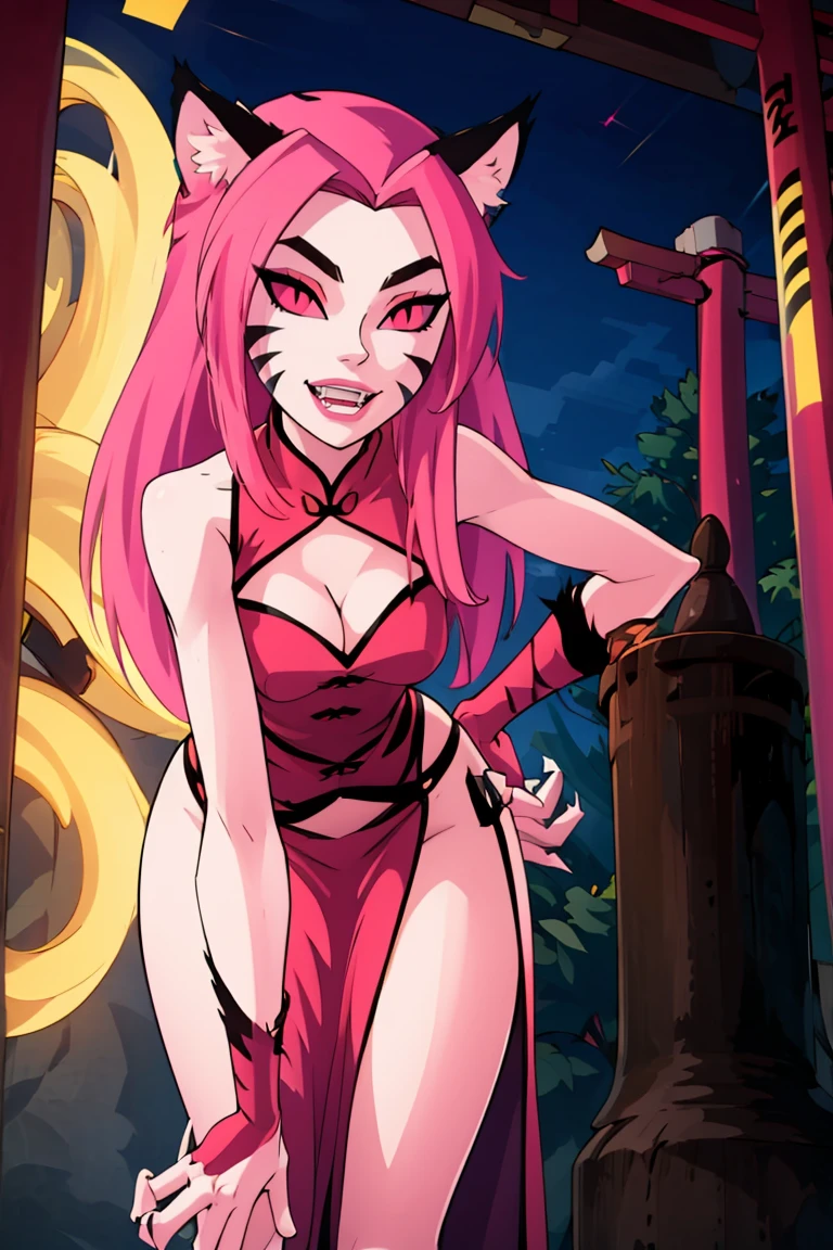 ((masterpiece,best quality)), absurdres, <lora:NyaNya:0.8>, NyaNya, 1girl, solo, pink eyes, pink hair, pink skin, long hair, cat ears, pink sclera, cat tail, claws, slit pupils, pink lips, whisker markings, fangs, solo, smiling, looking at viewer, cowboy shot, china dress, pelvic curtain, side slit, double bun, bun cover, cleavage cutout, sleeveless, print dress, covered navel, no panties, outdoors, night, torii, shrine, east asian architecture, leaning forward, hand on own thigh, from above, smile,